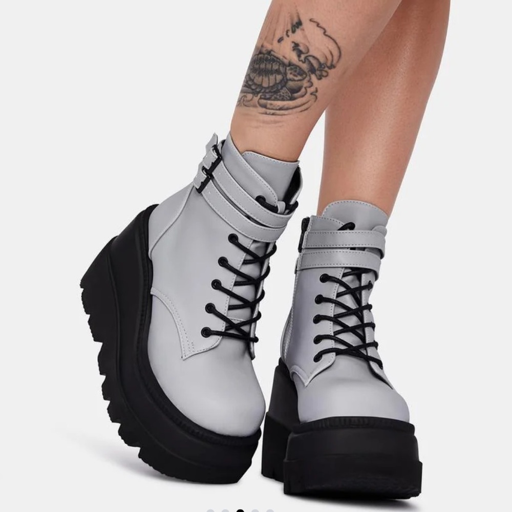 Demonia Reflective Technopagan Platform Boots